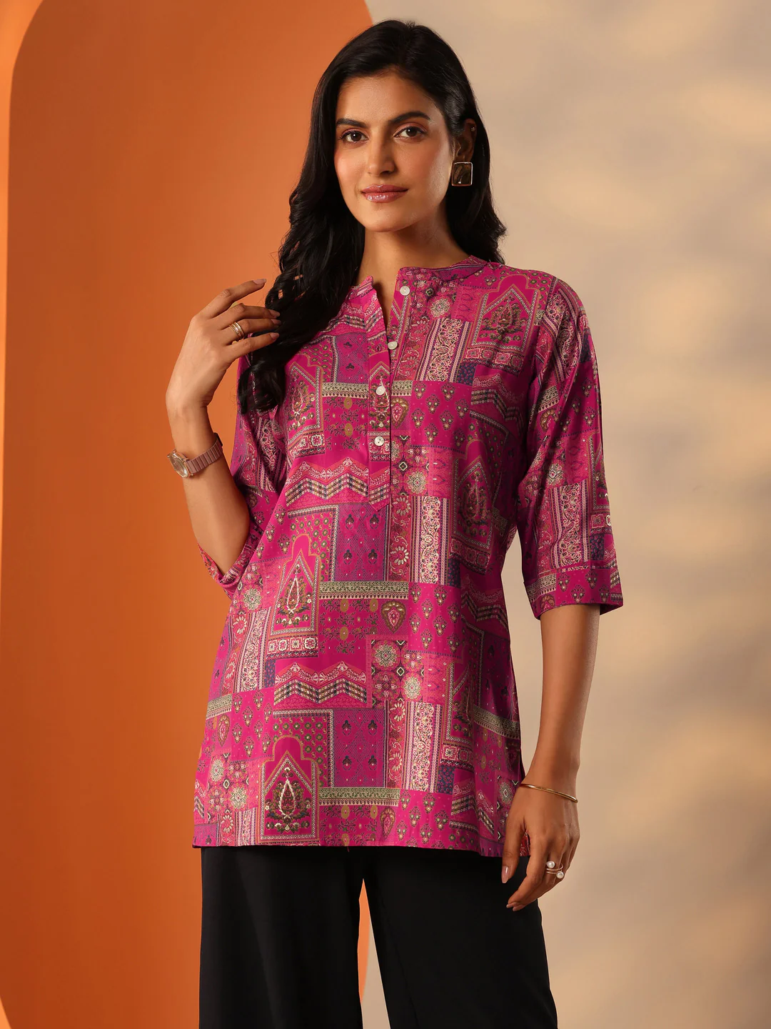 Pink Printed Silk Blend Short Kurti